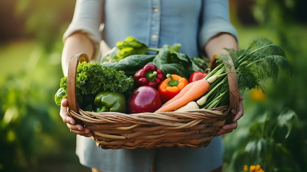 Une agricultrice tient un panier de légumes biologiques, image générée par l'IA
