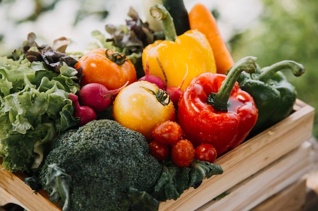 Une agricultrice travaillant tôt à la ferme tenant un panier en bois de légumes frais et une tablette