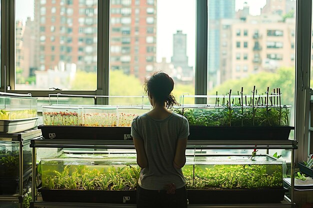 Photo l'agriculture dans un environnement urbain les bâtiments de la ville vus par les fenêtres une personne vérifiant l'eau