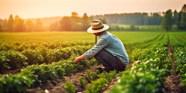 L'agriculture durable Un agriculteur dans un champ à l'aide de méthodes respectueuses de l'environnement telles que la rotation des cultures et la lutte antiparasitaire naturelle Generative ai