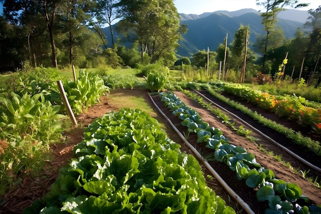 L'agriculture durable Un agriculteur dans un champ à l'aide de méthodes respectueuses de l'environnement telles que la rotation des cultures et la lutte antiparasitaire naturelle Generative ai