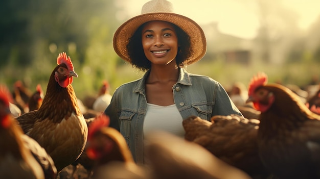 l'agriculture et la femme noire avec le poulet dans la ferme