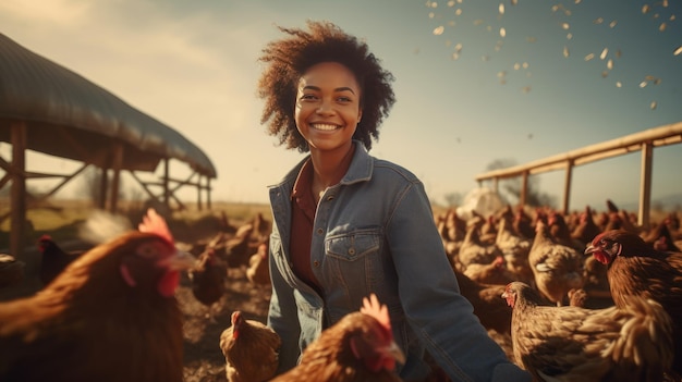 l'agriculture et la femme noire avec le poulet dans la ferme