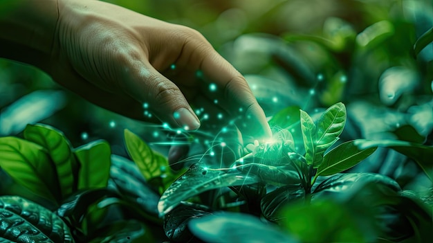 agriculture intelligente industrie futuriste 40 concept technologique cyborg main mise à la main avec des feuilles vertes avec la technologie hud y compris l'intelligence artificielle 5g pour l'analyse des données de la ferme intelligente