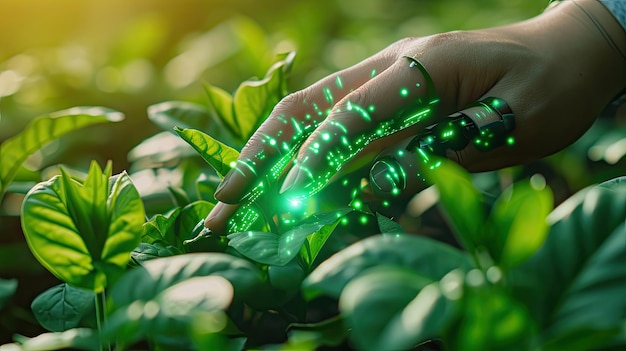 agriculture intelligente industrie futuriste 40 concept technologique cyborg main mise à la main avec des feuilles vertes avec la technologie hud y compris l'intelligence artificielle 5g pour l'analyse des données de la ferme intelligente