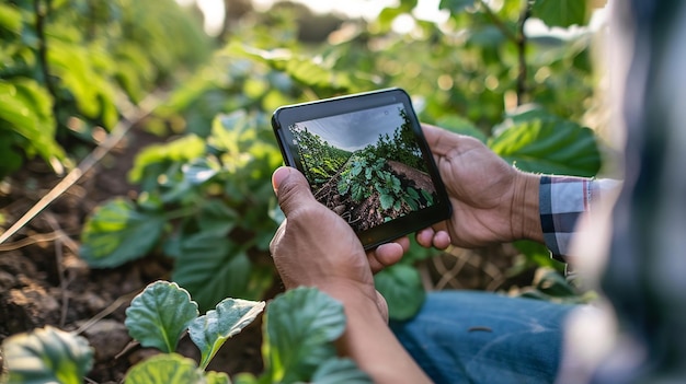 Photo l'agriculture intelligente avec l'internet des objets (iot) la culture de plants de pommes de terre avec des infographies