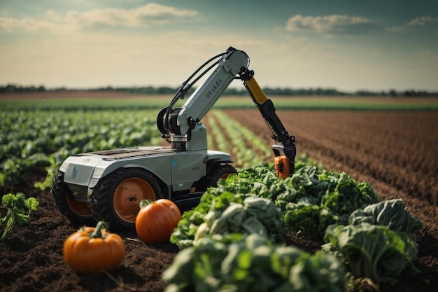 L'agriculture de précision, le bras robotique récoltant des légumes symbolise l'automatisation agricole arc c