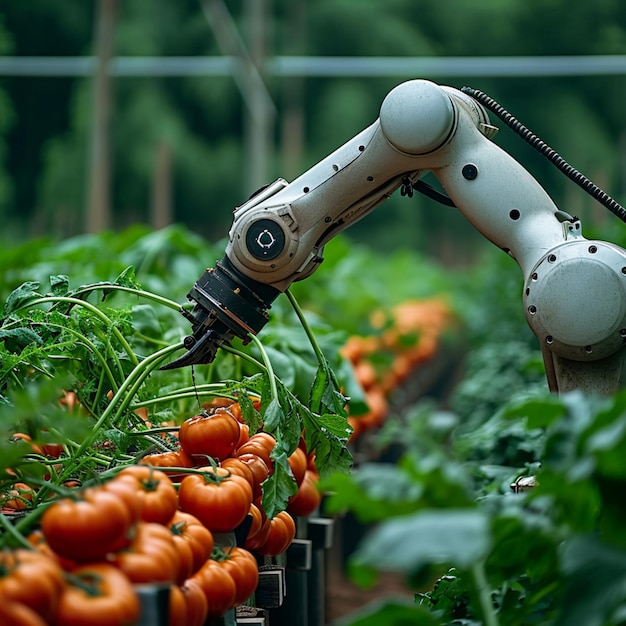 Agriculture de précision Le bras robotique récoltant des légumes symbolise l'automatisation agricole For Social Me