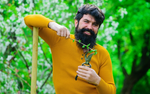 Agriculture De Printemps, Homme Avec Des Ciseaux De Jardin, Travaille Avec Des Outils De Jardinage.