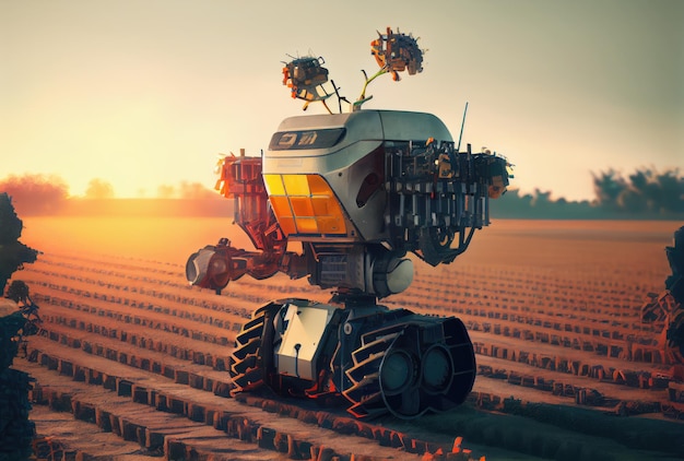 Agriculture robotisée récoltant des produits agricoles dans un champ cultivé Technologie futuriste innovante et concept d'agriculture intelligente 5G AI générative