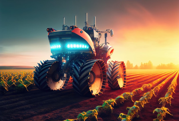 Agriculture robotisée récoltant des produits agricoles dans un champ cultivé Technologie futuriste innovante et concept d'agriculture intelligente 5G AI générative