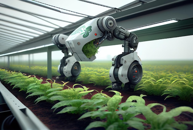 Photo agriculture robotisée récoltant des produits agricoles en serre technologie futuriste innovante et concept d'agriculture intelligente 5g ai générative