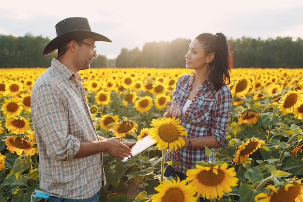 Agronome agriculteur homme et femme en gants au champ de tournesol avec tablette vérifiant la récolte.