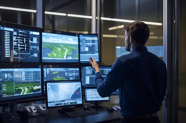 Agronomiste de haute technologie dans la salle de contrôle supervisant la robotique agricole AI