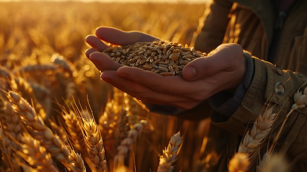 Un agronomiste inspecte les récoltes de blé dans un vaste champ tenant des grains d'or à la main