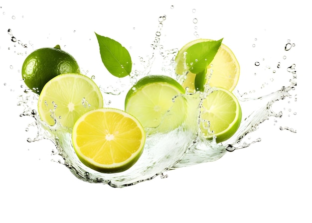 Agrumes frais de citron vert amer avec des éclaboussures d'eau isolées sur fond blanc