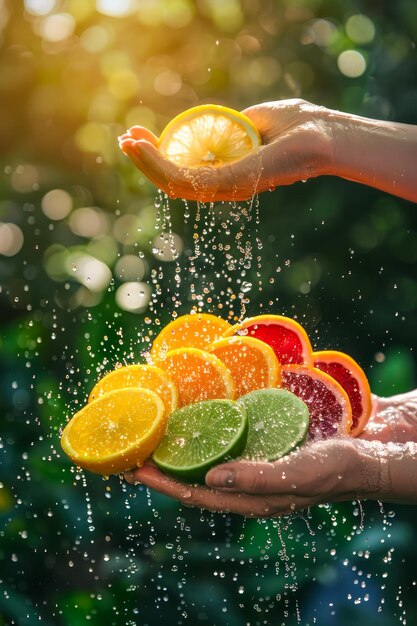 Photo des agrumes frais éclaboussés d'eau tenus dans la main à la lumière naturelle du soleil