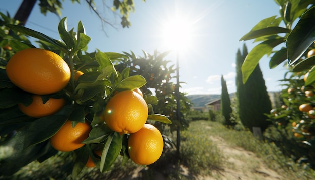 Des agrumes mûrs sur une branche d'arbre verte générée par l'intelligence artificielle