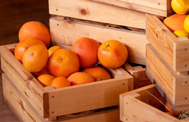 Agrumes mûrs frais dans des caisses en bois Gros plan