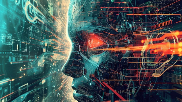 AI comme cyborg humanoïde ou android visage de robot intelligent avec vision technologique intelligence artificielle futuriste sur fond numérique Concept de technologie problème d'art danger futur