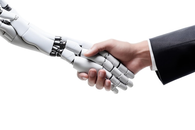 AI Cyborg Robot serrant la main d'un homme d'affaires isolé sur fond blanc