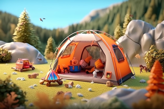 AI dans la scène de vacances en camping familial en forêt en plein air 3D