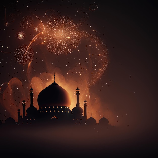 Ai geneaed illustration de la mosquée musulmane avec un beau feu d'artifice