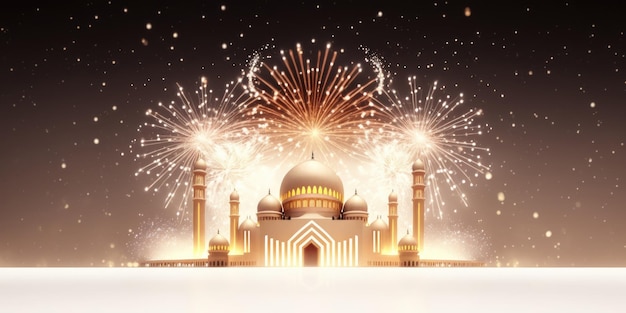 Ai geneaed illustration de la mosquée musulmane avec un beau feu d'artifice