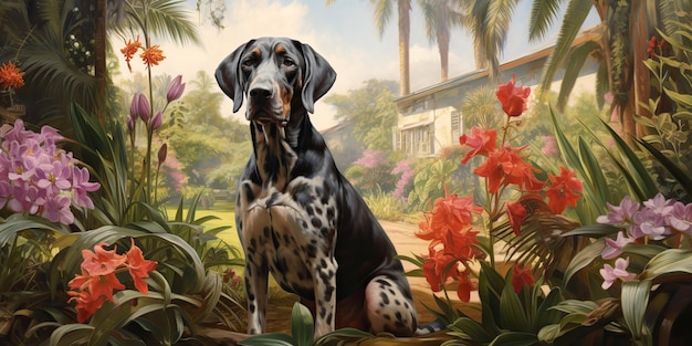 AI Generated AI Generative German short hair pointer dog hunter at tropical flowers plants