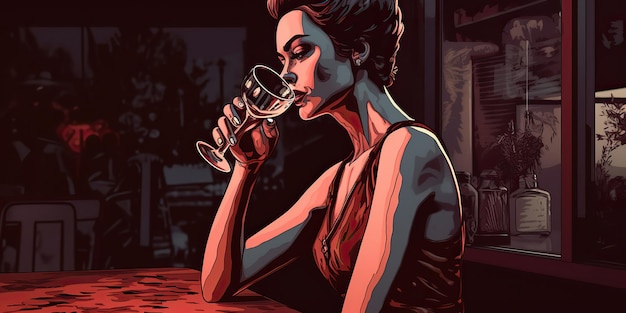 AI Generated AI Generative Jolie femme noire avec du vin en robe rouge