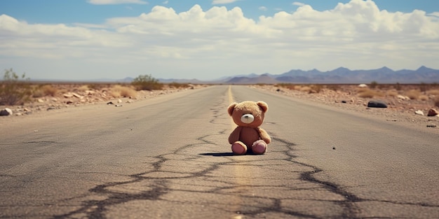 AI Generated AI Generative Lonely cassé perdu ours animal jouet jeu sur la route Triste vue