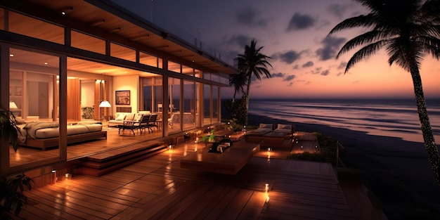 AI Generated AI Generative Maison de luxe patio de l'hôtel avec terrasse et vue sur la mer Vacances détente calme