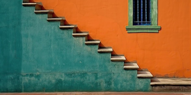 AI Generated AI Generative Mur mexicain vintage avec escalier Colour orange et bleu Graphic Art
