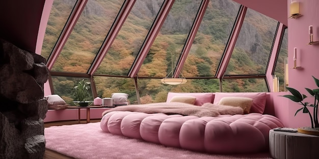 AI Generated AI Generative Pink chambre de luxe avec fenêtre vue sur nature forêt extérieure