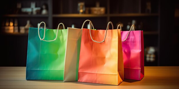 AI Generated AI Generative Sale marketing promotion shopping bags on table Paquet de couleurs vives