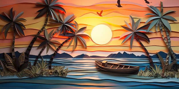 AI Generated AI Generative Sunset island paradis tropical palmiers mer océan vacances