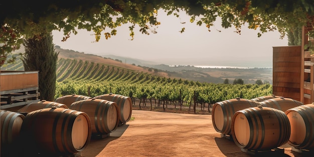 Photo ai generated ai generative vintage industrie des tonneaux de vin de vignoble avec champ de raisin de cuve