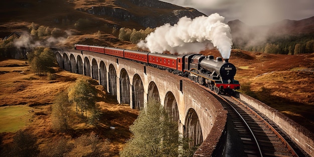 AI Generated AI Generative Vintage retro express train ferroviaire aller dans un magnifique paysage sur le pont Graphic Art