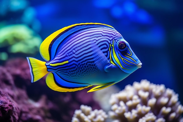 AI génératif Acanthurus leucosternon dans l'aquarium de récif corallien domestique