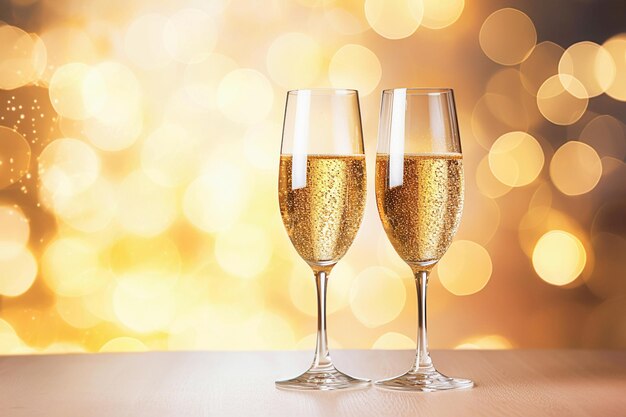 Ai génératif Deux verres de champagne sur la table sur un fond bokeh doré défocalisé