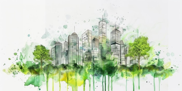 AI générative Aquarelle peinte en vert écologie paysage urbain Vie durable