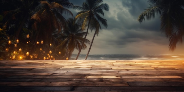 AI générative Arrière-plan du bar de plage au coucher du soleil d'été tropical Table en bois