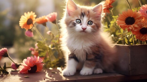 AI générative Beau chaton avec des fleurs à l'extérieur