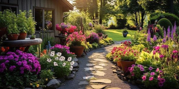 AI générative Beau jardin privé d'été avec de nombreuses fleurs et plantes paysage naturel