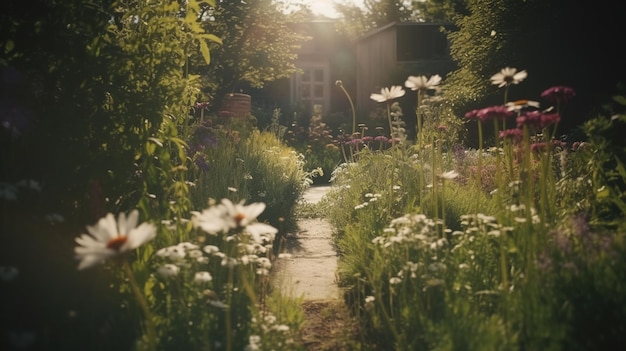 AI générative Beau jardin privé d'été avec de nombreuses fleurs et plantes paysage naturel