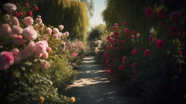 AI générative Beau jardin privé d'été avec de nombreuses fleurs et plantes paysage naturel