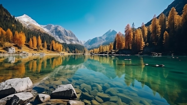 AI générative Beau lac de nature de montagne d'automne avec un ciel bleu