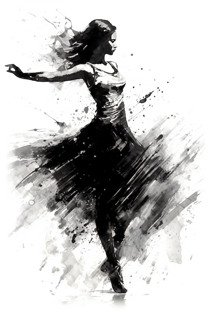 AI générative Belle femme dansante dessinée à l'encre noire ou à l'aquarelle