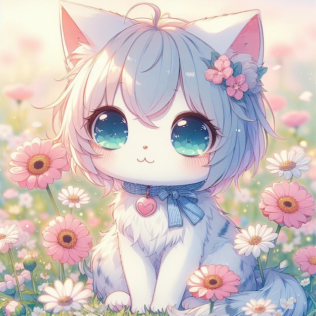 AI générative chat mignon chat mignon petit chat mignon chaton assis dans le champ de fleurs anime chat mignon