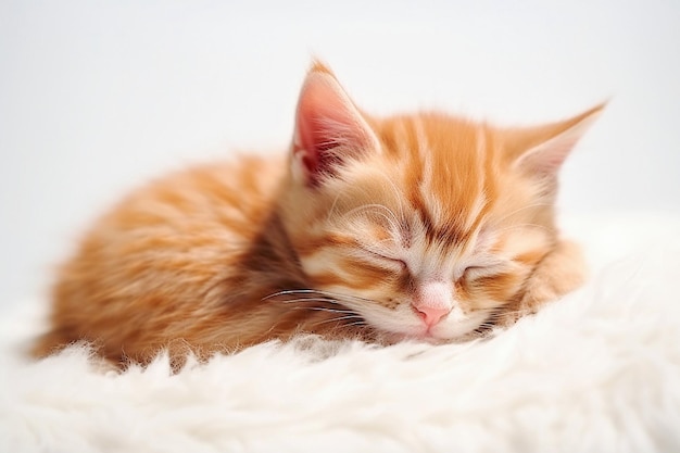 AI générative Un chaton rouge mignon dort sur une couverture blanche